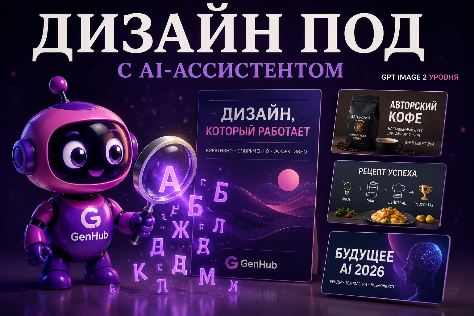 Маскот gen-hub.ru с лупой над русскими буквами и примеры AI-картинок с русским текстом — карта, упаковка кофе, слайд презентации