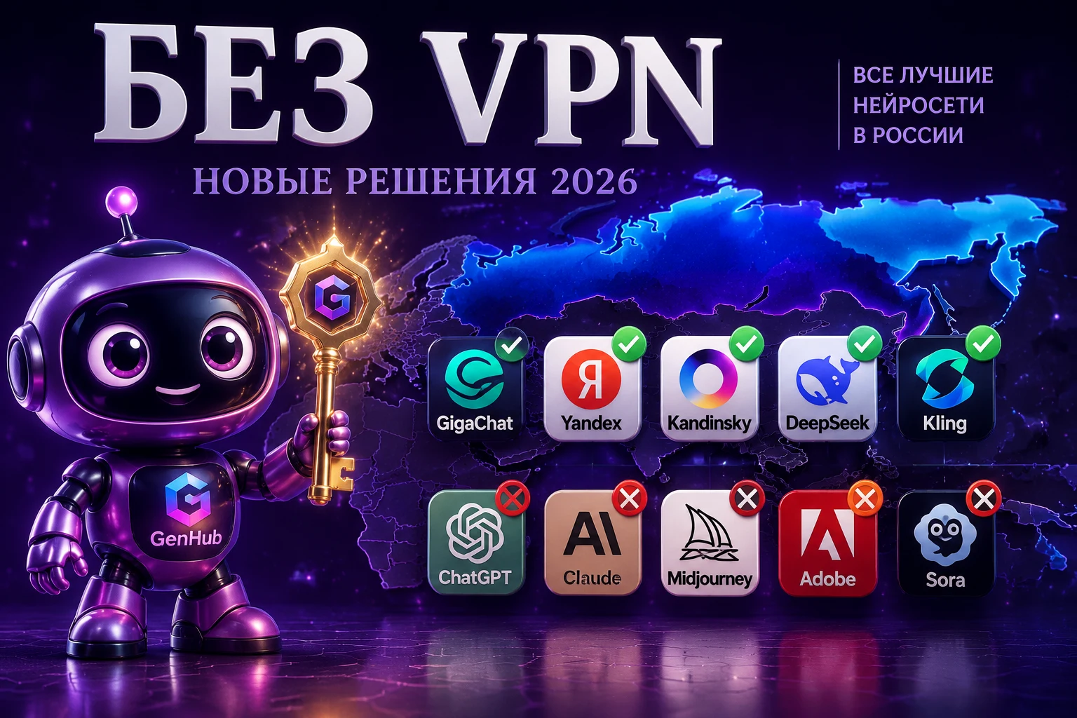 Маскот gen-hub.ru с золотым ключом, карта России и иконки нейросетей с зелёными галочками и красными запретами — каталог 2026