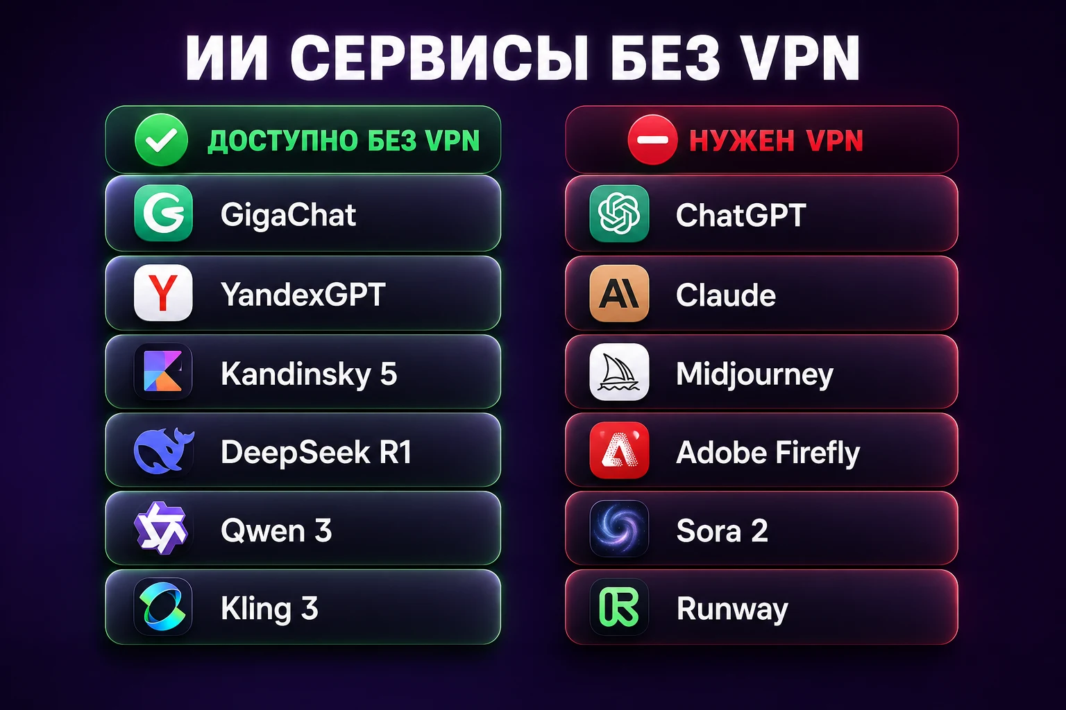 Сравнительная инфографика: 6 сервисов работают без VPN (GigaChat, YandexGPT, Kandinsky 5, DeepSeek R1, Qwen 3, Kling 3) и 6 заблокированных (ChatGPT, Claude, Midjourney, Adobe Firefly, Sora 2, Runway)