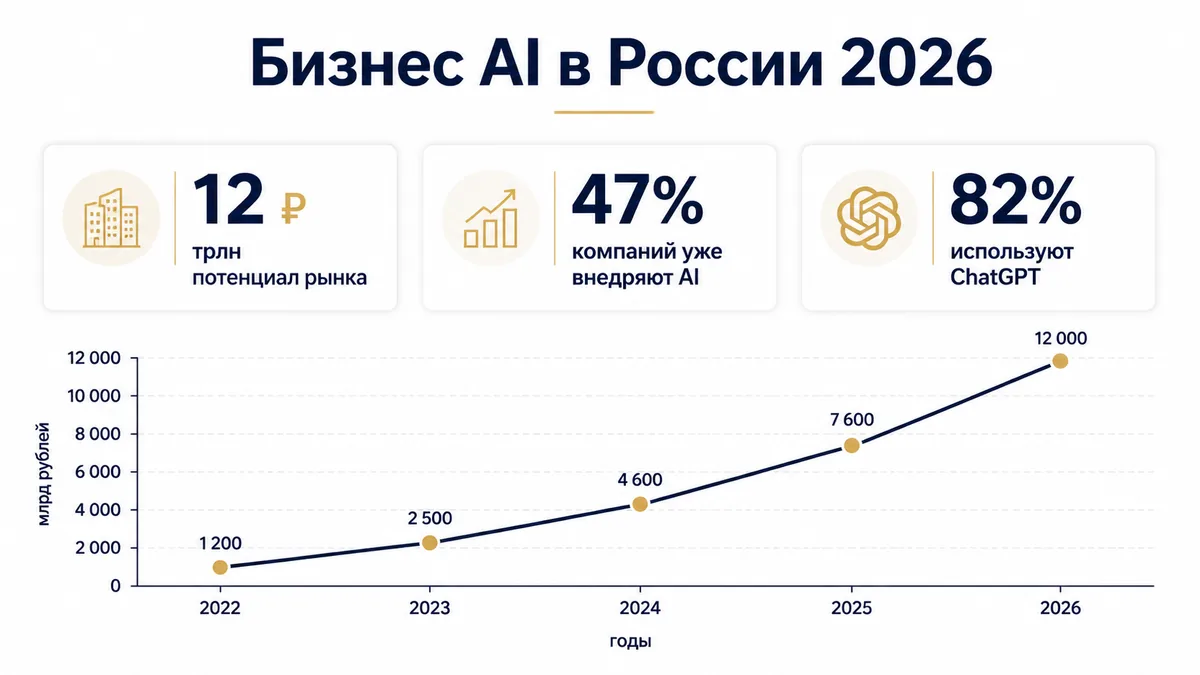Слайд pitch-deck Бизнес AI в России 2026 с метриками и графиком